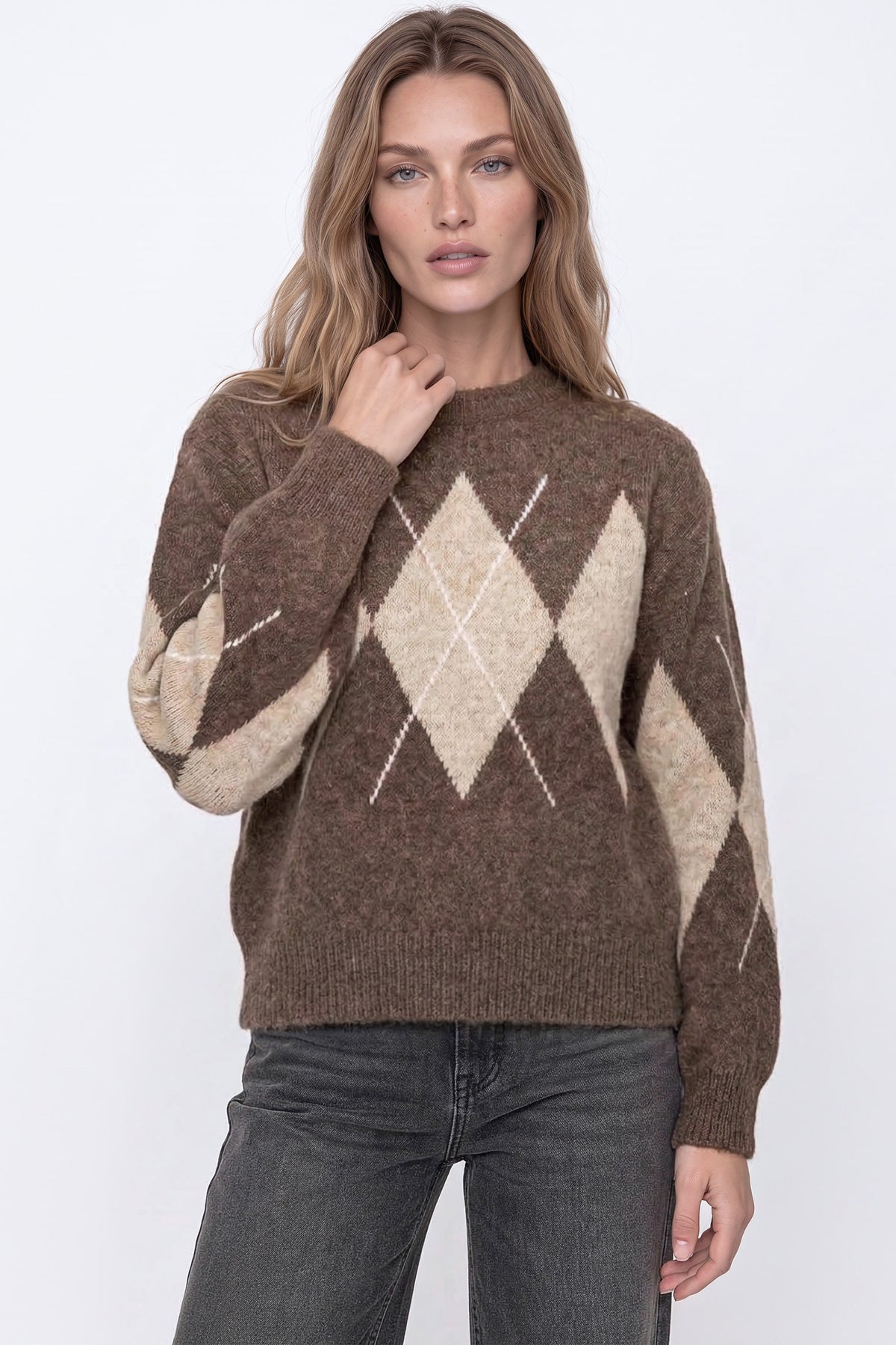 Brown Argyle Pattern Wool Blend Knit Jumper