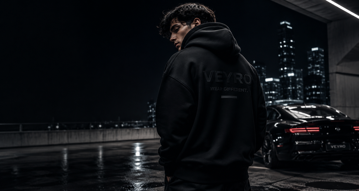 A man wearing a black hoodie with 'VEYRO' printed on the back stands on a wet rooftop at night, with a black car and city skyline in the background.